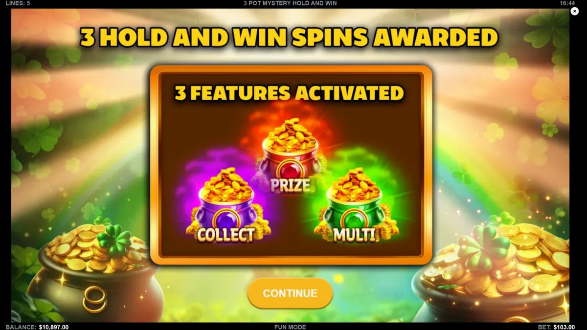 Tampilan visual slot 3 Pot Mystery Hold and Win dengan simbol emas.