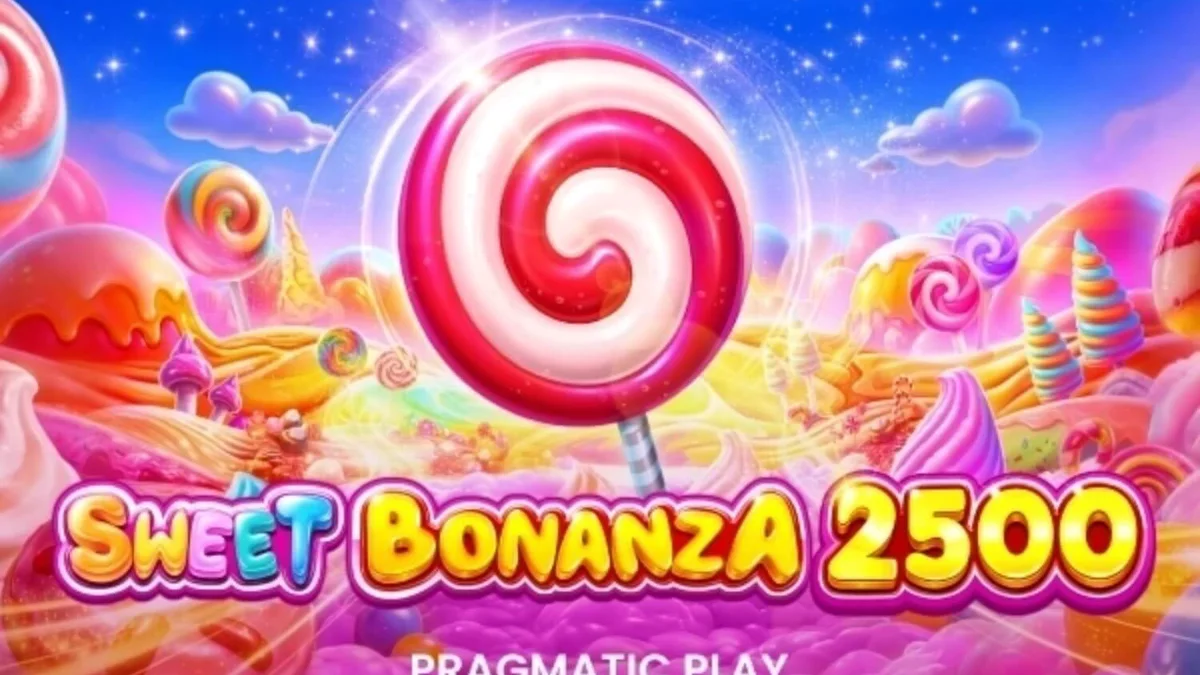 Tampilan visual penuh permen dan buah-buahan dalam permainan slot Sweet Bonanza 2500