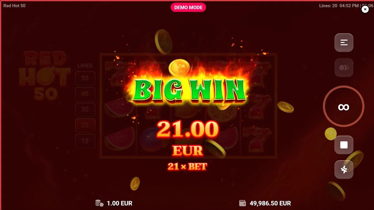 Tampilan visual slot Red Hot 50 dengan tema buah dan api