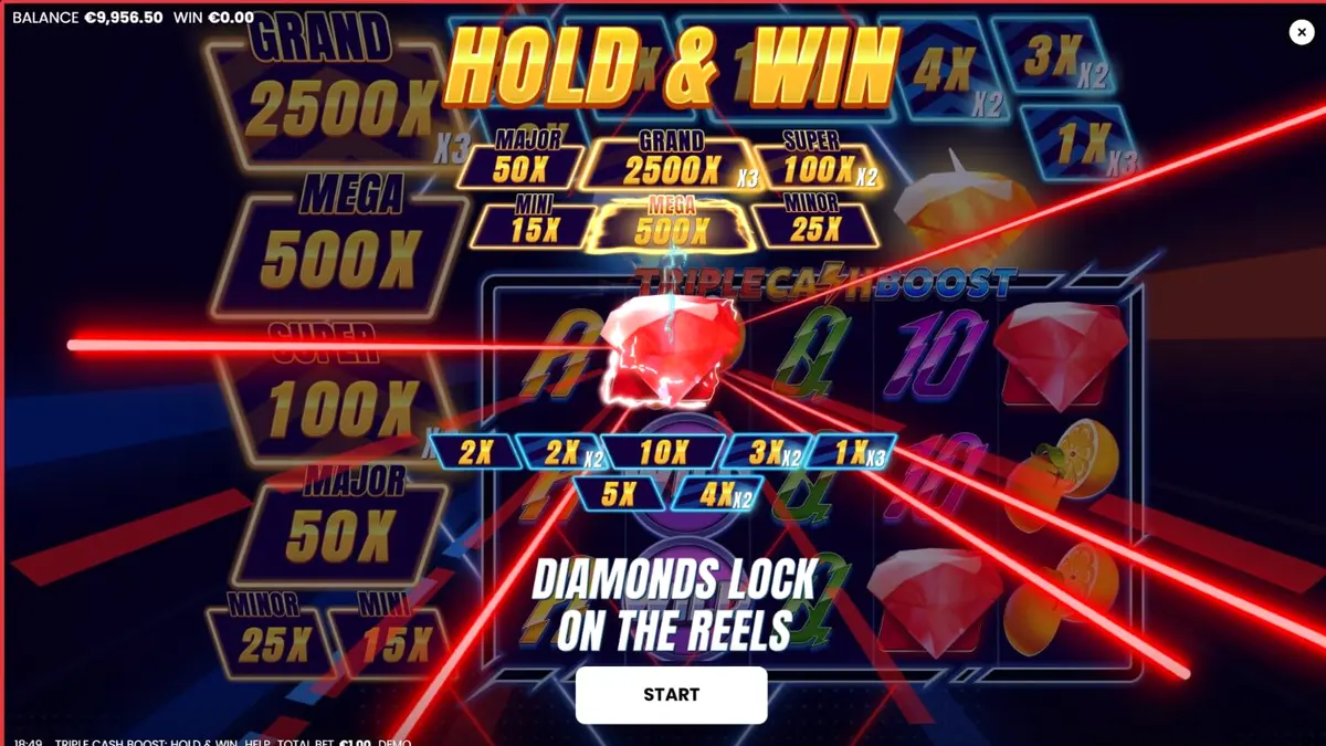 Tampilan visual neon futuristik dari slot Triple Cash Boost