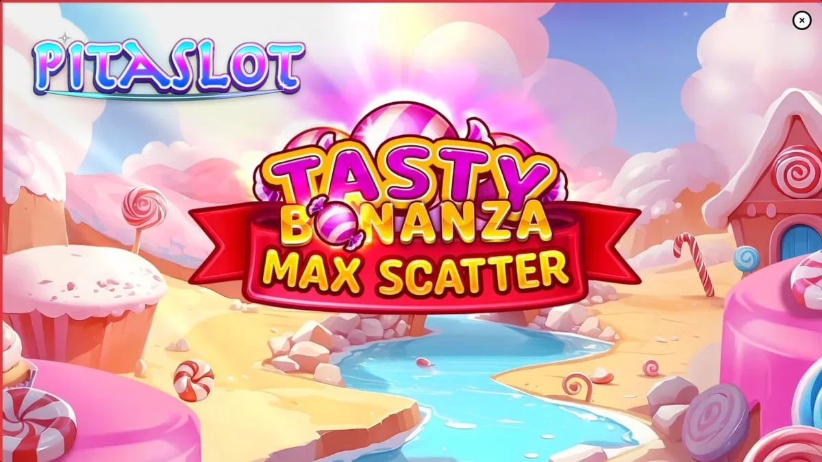 Tampilan visual permainan slot Tasty Bonanza Max Scatter dengan tema permen yang cerah
